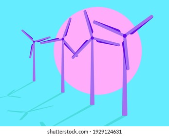 Wind turbines at sunset, pink sun in the style of the 80s. Wind park. Renewable green energy, clean electricity production. Eco-friendly wind energy. Vector Illustration