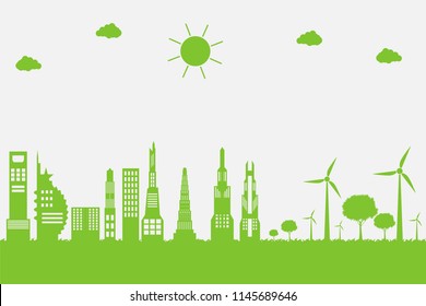 Wind turbines with trees and sun Clean energy with eco-friendly concept ideas on city background.vector illustration