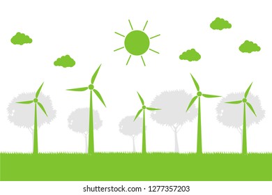 Wind turbines with trees and sun Clean energy with eco-friendly concept ideas.vector illustration