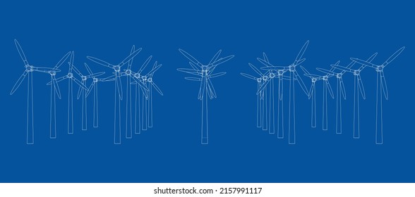 Wind turbines. Vector rendering of 3d. Wire-frame style. The layers of visible and invisible lines are separated