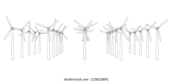 Turbinas eólicas. Representación vectorial de 3d. Estilo de marco de cables. Las capas de líneas visibles e invisibles están separadas