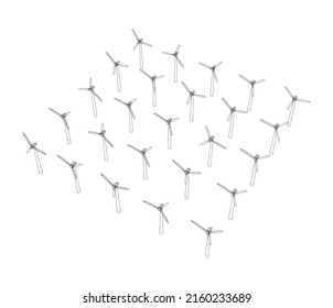 Wind turbines. Vector rendering of 3d. Wire-frame style. The layers of visible and invisible lines are separated
