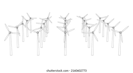 Wind turbines. Vector rendering of 3d. Wire-frame style. The layers of visible and invisible lines are separated