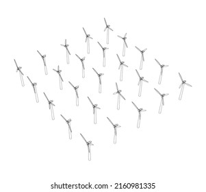 Wind turbines. Vector rendering of 3d. Wire-frame style. The layers of visible and invisible lines are separated