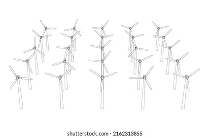 Wind turbines. Vector rendering of 3d. Wire-frame style. The layers of visible and invisible lines are separated