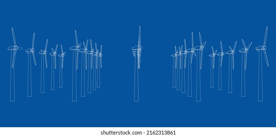 Wind turbines. Vector rendering of 3d. Wire-frame style. The layers of visible and invisible lines are separated