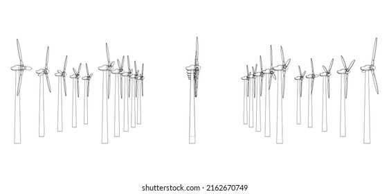 Wind turbines. Vector rendering of 3d. Wire-frame style. The layers of visible and invisible lines are separated