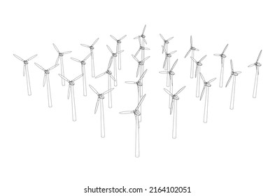 Wind turbines. Vector rendering of 3d. Wire-frame style. The layers of visible and invisible lines are separated