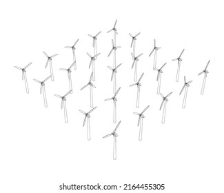 Wind turbines. Vector rendering of 3d. Wire-frame style. The layers of visible and invisible lines are separated