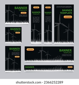 Plantilla de diseño de banner web de turbinas eólicas. Energía eólica sostenible. Volante vectorial con espacio de texto. Cartel publicitario con espacio de copia personalizado. Afiche para anuncios que se puede imprimir. Fuentes ariales, calibri utilizadas