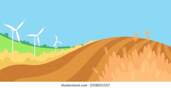 Wind turbines and wheat field on a sunny day. Vector illustration