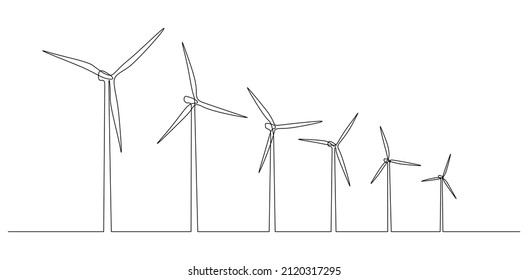 Wind turbines and windmill in one continuous line drawing. Green energy and renewable source of power concept in simple linear style. Editable stroke. Doodle vector illustration