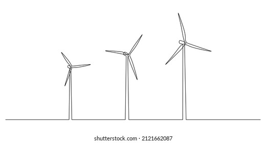 Wind turbines and windmill in one continuous line drawing. Green energy and renewable source of power concept in simple linear style. Editable stroke. Vector illustration