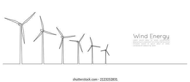 Windturbinen und Windmühle in einer durchgehenden Linienzeichnung. Grüne Energie und erneuerbare Energiequellen im einfachen linearen Stil. Webbanner. Umriss-Vektorgrafik