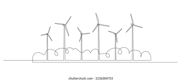 Wind turbines and windmills with bushes at village in one continuous line drawing. Green energy and renewable source of power concept in simple linear style. Web banner. Doodle Vector illustration