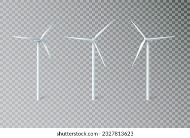 Wind turbines windmills energy power generators. White towers with long vanes for producing alternative eco energy. Vector