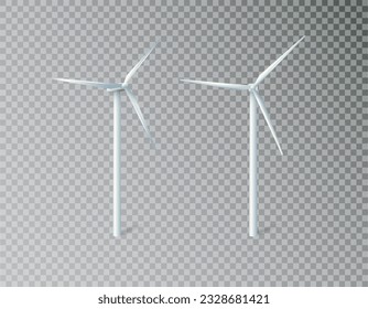 Wind turbines windmills energy power generators. White towers with long vanes for producing alternative eco energy. Vector