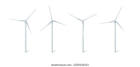 Wind turbines windmills energy power generators. White towers with long vanes for producing alternative eco energy. Vector