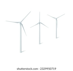 Wind turbines windmills energy power generators. White towers with long vanes for producing alternative eco energy. Vector