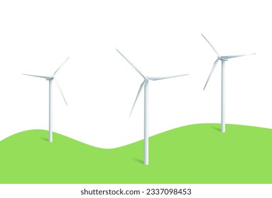 Wind turbines windmills energy power generators. White towers with long vanes for producing alternative eco energy. Vector