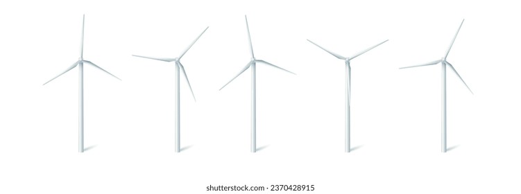 Wind turbines windmills energy power generators. White towers with long vanes for producing alternative eco energy. Vector illustration