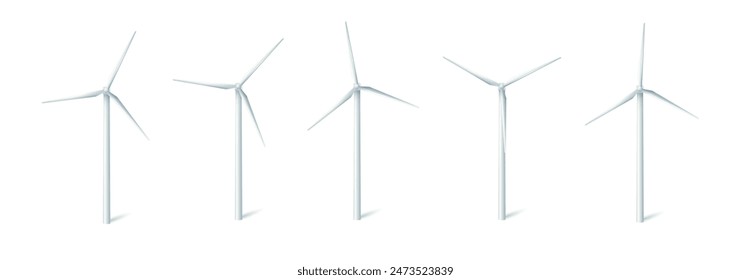 Turbinas eólicas molinos de viento generadores de energía. Torres blancas con largas aletas para producir energía ecológica alternativa. Vector