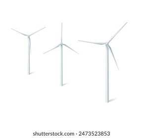 Wind turbines windmills energy power generators. White towers with long vanes for producing alternative eco energy. Vector