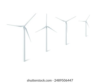 Wind turbines windmills energy power generators. White towers with long vanes for producing alternative eco energy. Vector