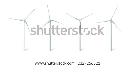 Wind turbines windmills energy power generators. White towers with long vanes for producing alternative eco energy. Vector