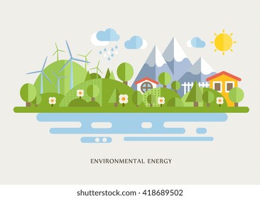 Turbinas De Viento En Vector Plano En El Campo Ilustración En Un Estilo Infográfico Brillante Y Sencillo 