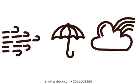 Wind, Umbrella, and Rainbow Icons – Weather Essentials in Line Design