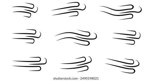 Wind vector icon set. Wind blow vector symbol, air puff line icons on white background, outline flat illustration of windy stormy weather, wind doodle graphics. Eps 10.
