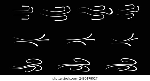 Wind vector icon set. Wind blow vector symbol, air puff line icons on white background, outline flat illustration of windy stormy weather, wind doodle graphics. Eps 10.