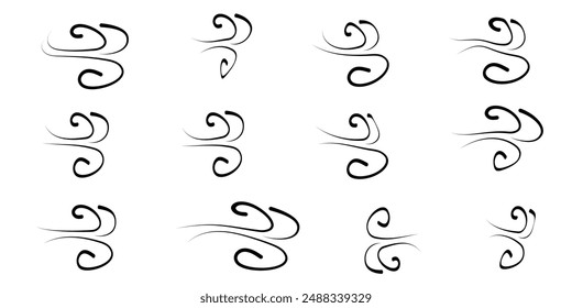 Wind vector. Wind vector icon set. Doodle wind line sketch set. Hand drawn doodle wind motion, air blow, swirl elements. Sketch drawn air blow motion, smoke flow art, abstract line. EPS 10.