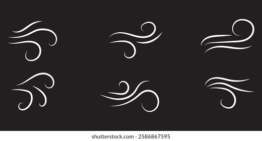 Wind vector. Wind vector icon set. Doodle wind line sketch set. Hand drawn doodle wind motion, air blow, swirl elements. Sketch drawn air blow motion, smoke flow art, abstract line.