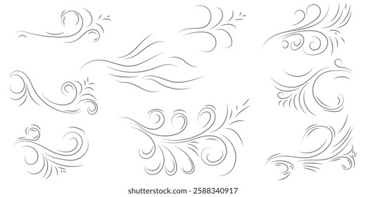 Wind vector. Wind vector icon set. Doodle wind line sketch set. Hand drawn doodle wind motion, air blow, swirl elements. Sketch drawn air blow motion, smoke flow art, abstract line.