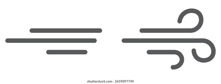 Vetor de vento. Ícone de vetor de vento definido. Desenhos de linha de vento. Movimento do vento desenhado à mão, sopro de ar, elementos de espiral. Esboço desenhado ar sopro movimento, fumaça fluir arte, linha abstrata