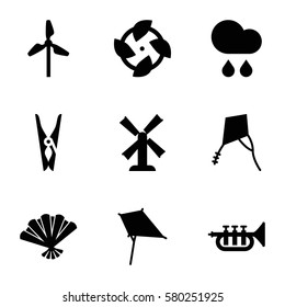 wind vector icons. Set of 9 wind filled icons such as mill, kite, cloth pin, trumpet, fan