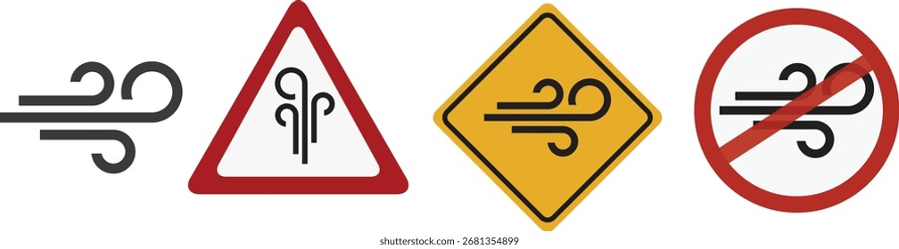 Wind Warning Sign Set, Windy Weather and Storm Icon Collection for Meteorology Vector. A collection of wind warning signs representing windy weather, air flow, breeze, and storm conditions. Vector meteorology icon set suitable for weather apps, climate reports, and safety alerts.