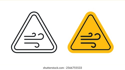 Wind warning signs in black outline, solid and colored style