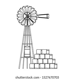 wind water pump and bales of hay icon over white background, black and white design. vector illustration