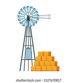 wind water pump and bales of hay icon over white background, vector illustration