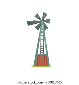 Wind water pump, traditional construction for pimping water from the ground cartoon vector Illustration on a white background