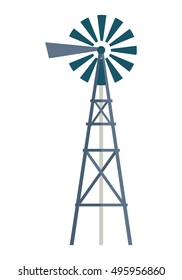Wind water pump vector. Flat design. Traditional construction for pimping water from the ground.  Water supply and irrigation concept. Picture for agricultural, farm, countryside theme illustrating.  