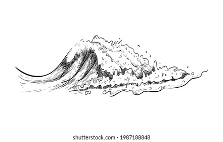 Wind wave handdrawn sketch. Sketch ocean surface wave. Vintage hand drawn large wave of tidal storm  isolated for surfing and seascape, vector illustration.