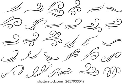 Wind wave line icons in abstract style. Elegant swirl shapes symbolizing air, motion and flow.