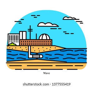 Wind Wave Power Plant. Energy Converter. Powerhouse Or Generating Station. Desalination Or Pumping Water. Industrial Building Icon. Ecological Sources Of Electricity.