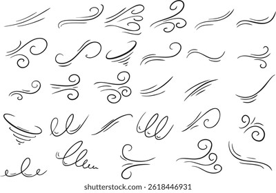 Vento e onda redemoinho linhas em estilo gráfico abstrato. Elementos de ar e movimento elegantes com curvas suaves.