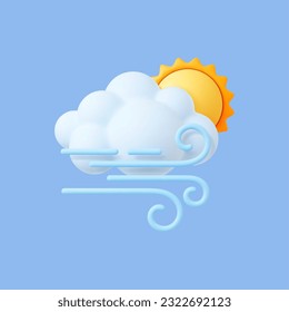 Wind weather 3d icon. Realistic cloud on blue, windy day symbol. Autumn, winter, summer or spring vector render element