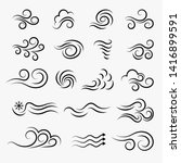 Wind weather and environment, nature icon set. Natural movement of the air symbols. Vector line art illustration isolated on white background.